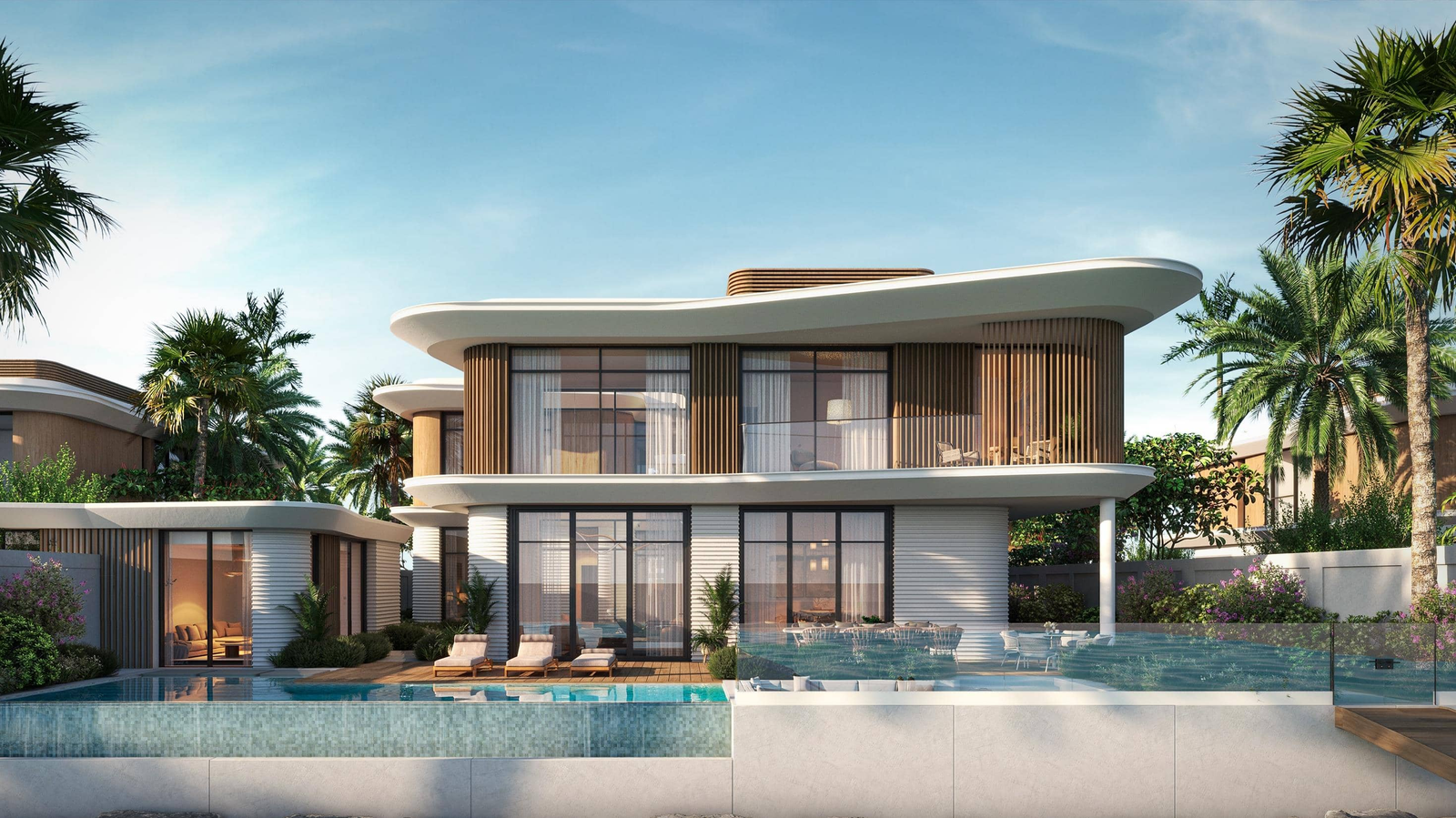 Luxury canal-front villas at Yas Riva with elegant architecture and scenic waterfront surroundings.