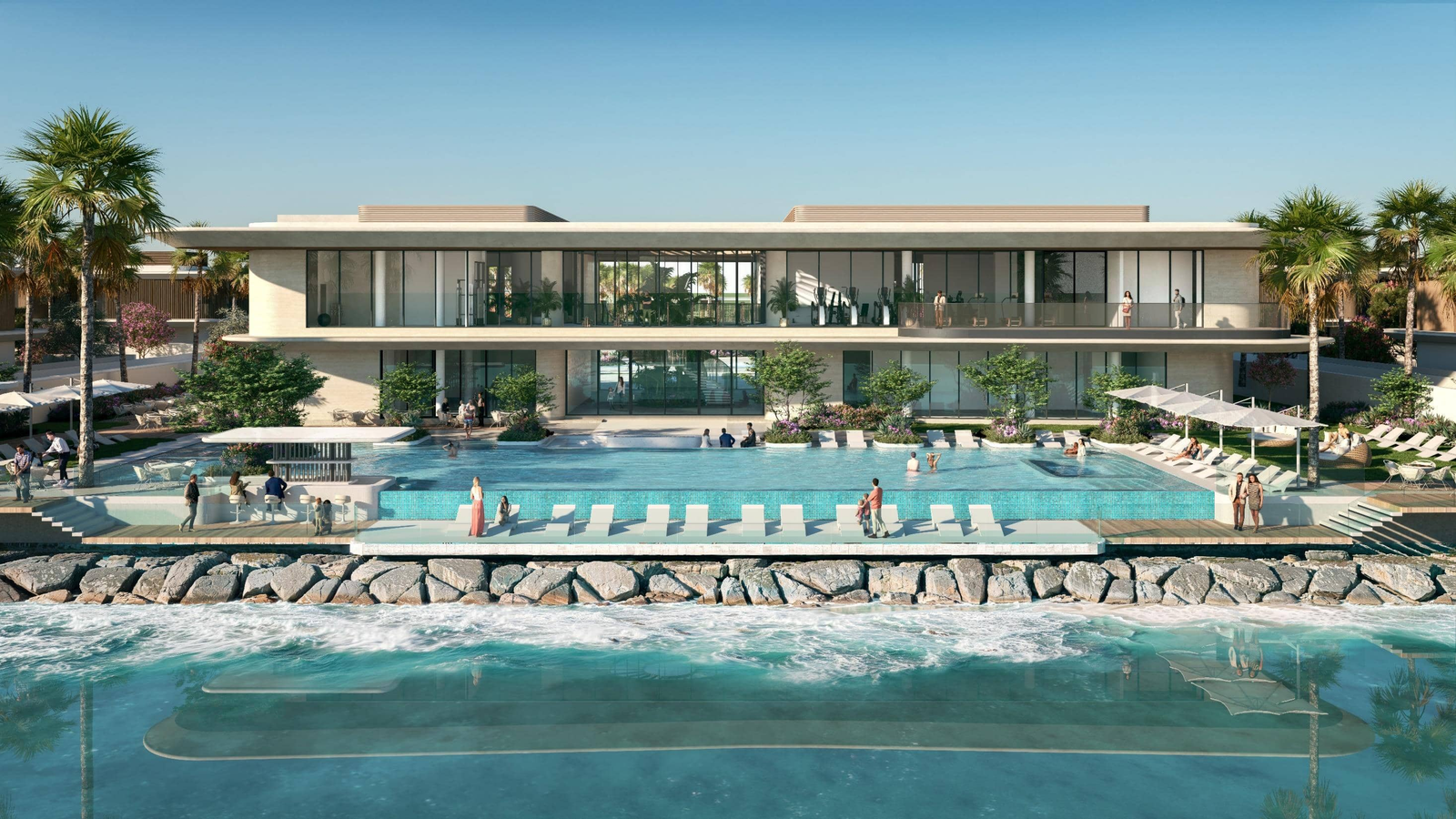 Modern waterfront villas overlooking tranquil canals in Yas Riva on Yas Island Abu Dhabi.